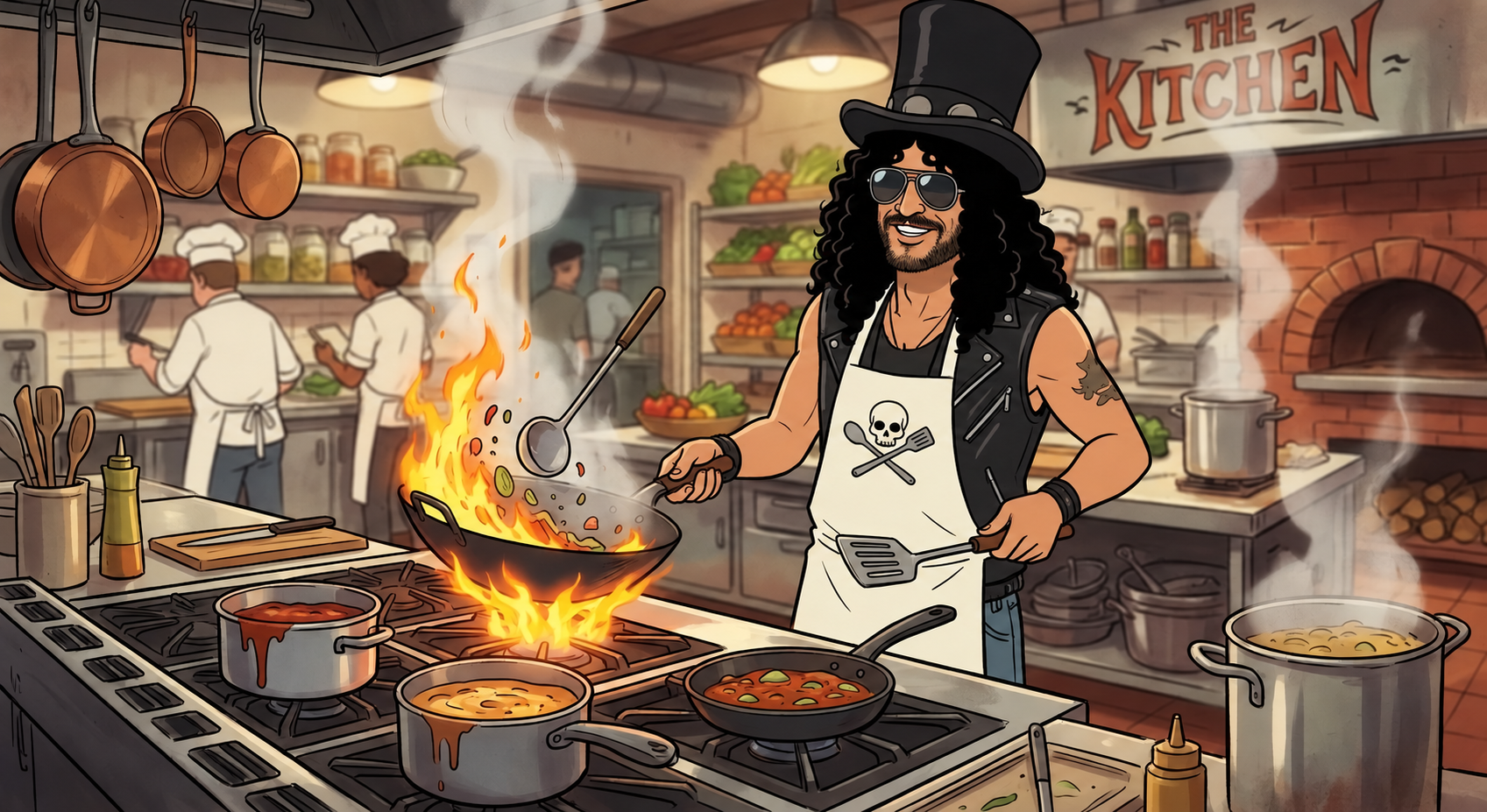Illustration of Christos cooking, wearing a top hat and a short beard