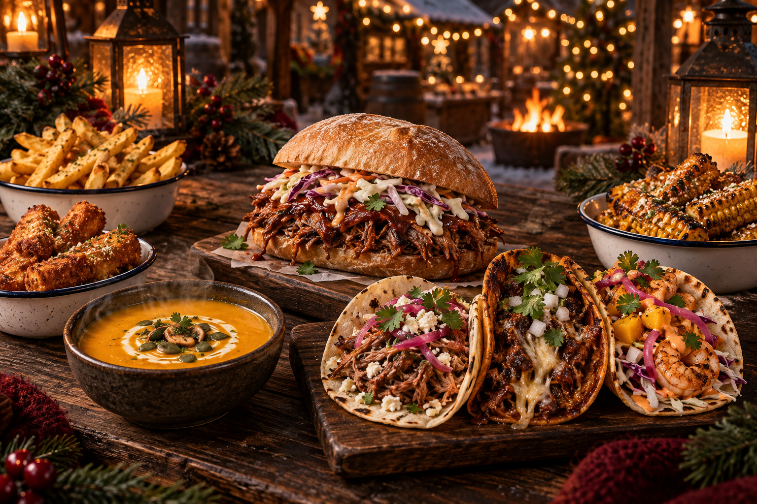 A festive spread of soup, pulled pork, tacos, fries, corn ribs and halloumi fries.
