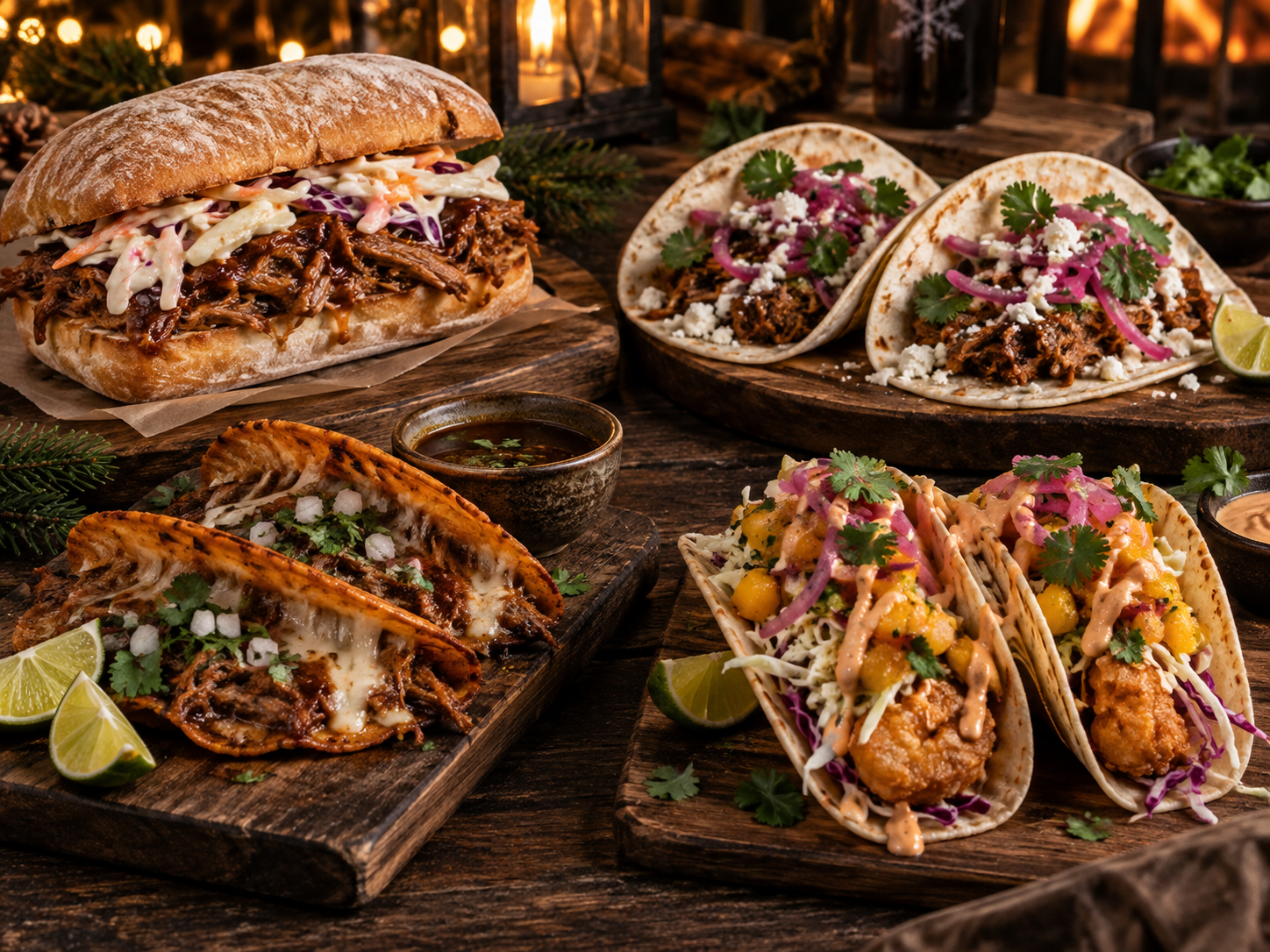 An illustrative spread of pulled-pork ciabatta, pork tacos, birria tacos and shrimp tacos
