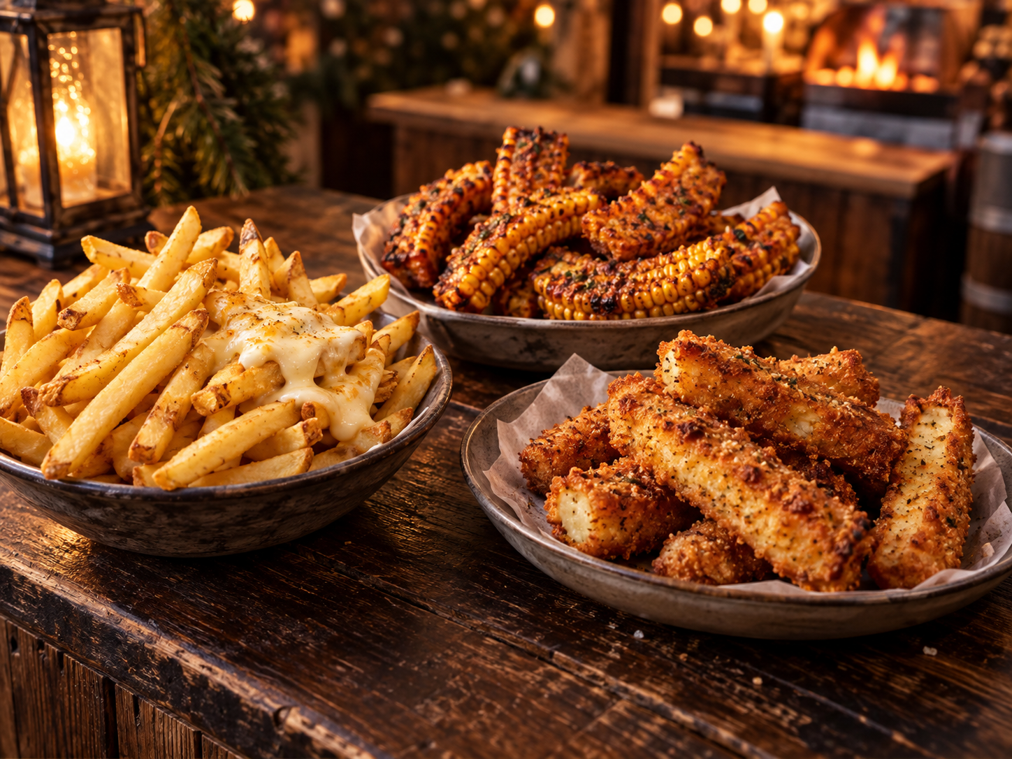 An illustrative selection of fries with optional cheese, corn ribs and breaded halloumi fries