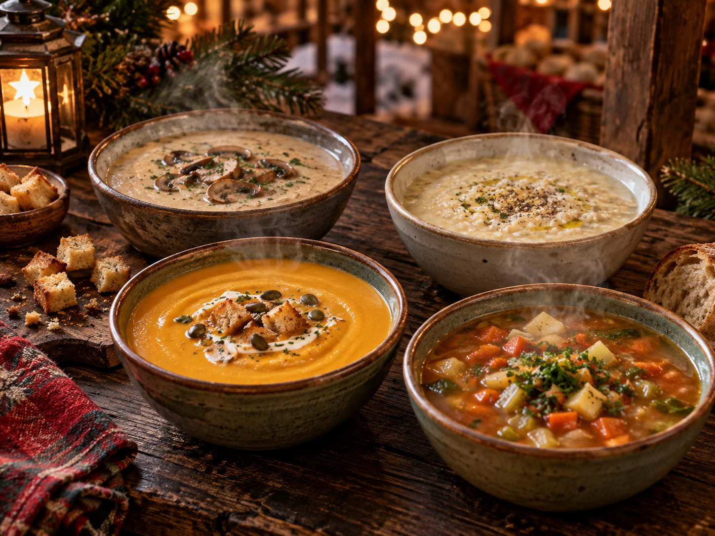 An illustrative selection of pumpkin, vegetable, mushroom and trahanas soups